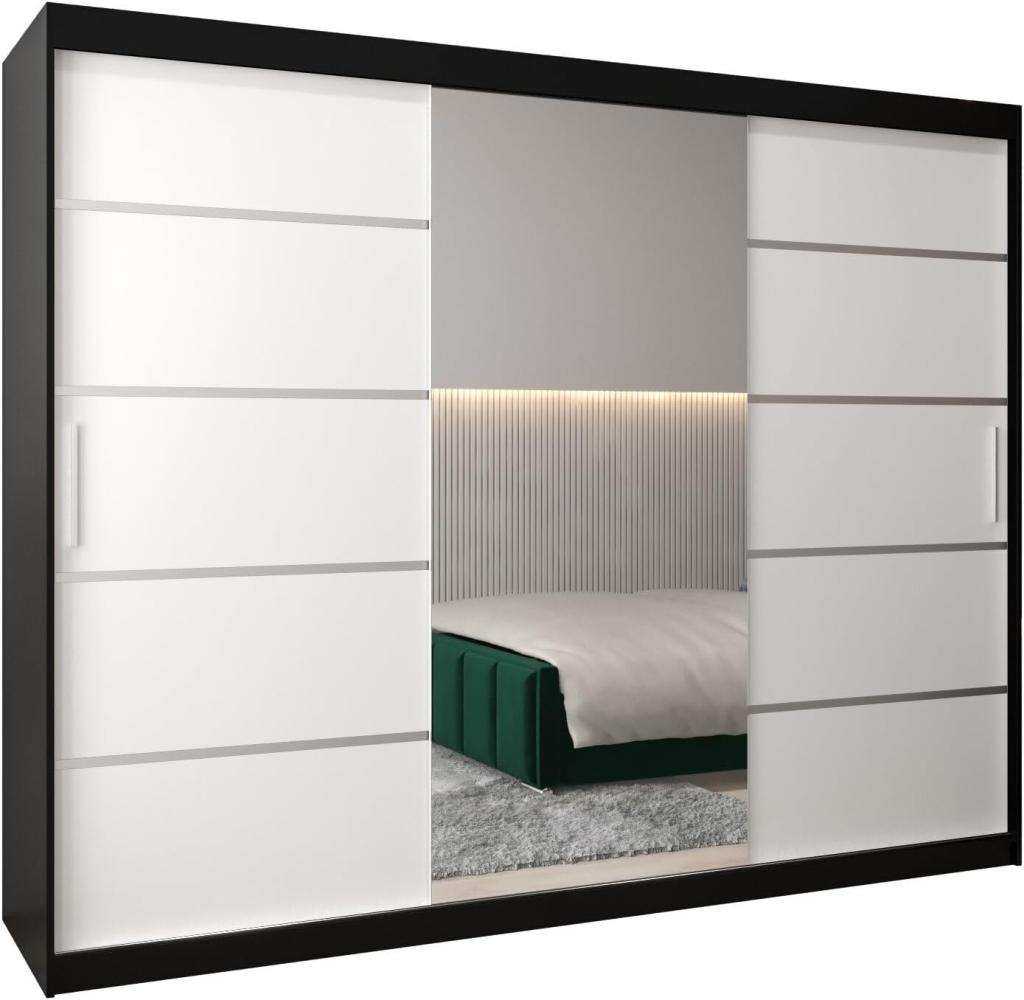 Schwebetürenschrank Verona 2-250cm mit Spiegel Kleiderschrank mit Kleiderstange und Einlegeboden Schlafzimmer- Wohnzimmerschrank Schiebetüren Modern Design (Schwarz + Weiß) Bild 1