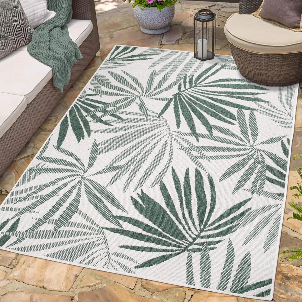 carpet city In- & Outdoor-Teppich Grün, Creme - Wendeteppich - 160x230 cm - Florales Muster - Wetterbeständig für Balkon, Terrasse - Teppiche Modern Indoor Wohnzimmer, Küche Bild 1