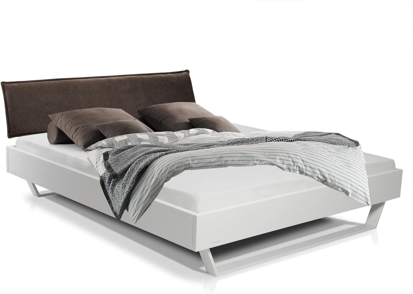 Möbel-Eins LUKY Kufenbett mit Polsterkopfteil, Material Massivholz, Fichte massiv, Kufen weiss weiss 120 x 200 cm Stoff Braun Bild 1