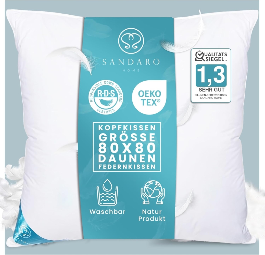 Sandaro Home Daunenkissen 1600 gr, 3-KAMMERN KISSEN, 80 x 80 cm, Füllung: 70% Daunen/ 30% Federn, Bezug: Baumwolle Bild 1