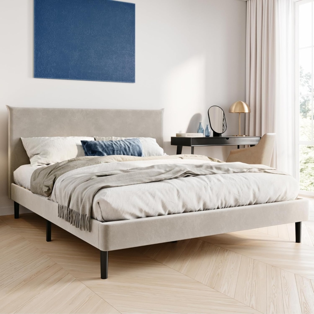 Home Collective Polsterbett 140x200 und 160x200 cm mit Lattenrost und weichem Bezug, Bettgestell (Doppelbett mit gepolstertem Kopfteil, robustes Gestell, hoher Liegekomfort), 160x200 cm, Beige, Samtbezug Bild 1