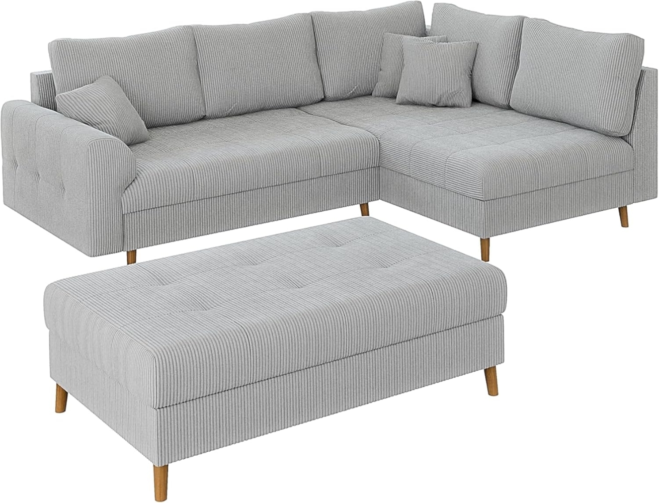 S-Style Möbel Ecksofa und Hocker Zara mit Schlaffunktion und Braun Holzfüßen aus Cord-Stoff, Ottomane links oder rechts bestellbar. Schlaffunktion in Kombination mit Hocker möglich, mit Wellenfederung Bild 1