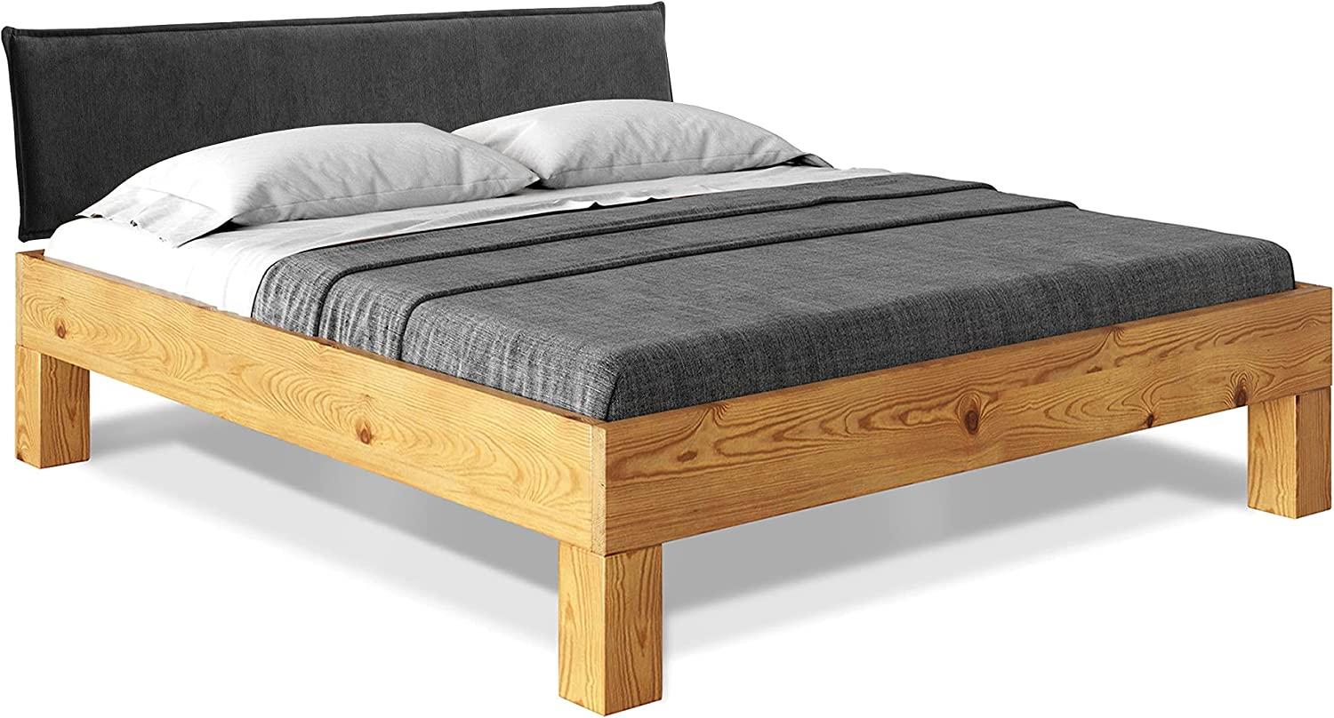 Möbel-Eins CURBY 4-Fuß-Bett mit Polster-Kopfteil, Material Massivholz, rustikale Altholzoptik, Fichte natur 140 x 220 cm Standardhöhe Stoff Anthrazit ohne Steppung Bild 1