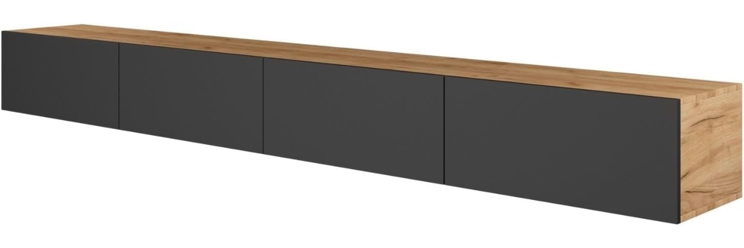 Planetmöbel TV Board 280 cm Gold Eiche/Anthrazit, TV Schrank mit 4 Klappen als Stauraum, Lowboard hängend oder stehend, Sideboard Wohnzimmer Bild 1