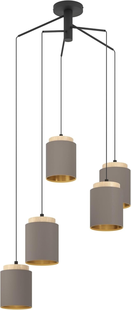 Eglo 99447 Hängeleuchte ALBARIZA Stahl schwarz, Holz braun, Textil cappuccino E27 5X40W H:150cm Ø70cm dimmbar Bild 1