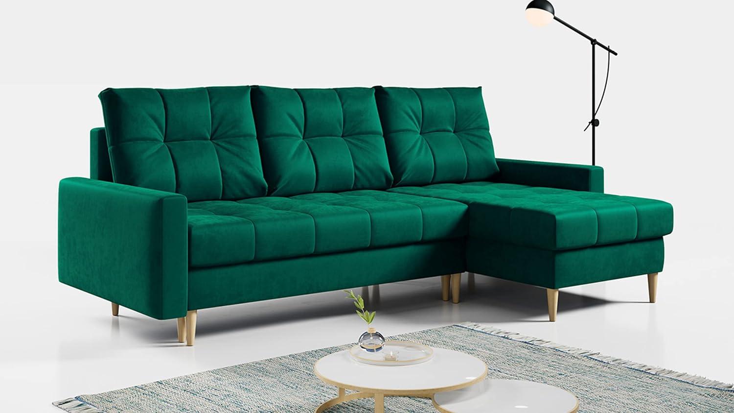 Ecksofa Wohnzimmer - L-form mit Schlaffunktion und Bettkasten - ASTRA - Dunkelgrün Mikrofaser Bild 1