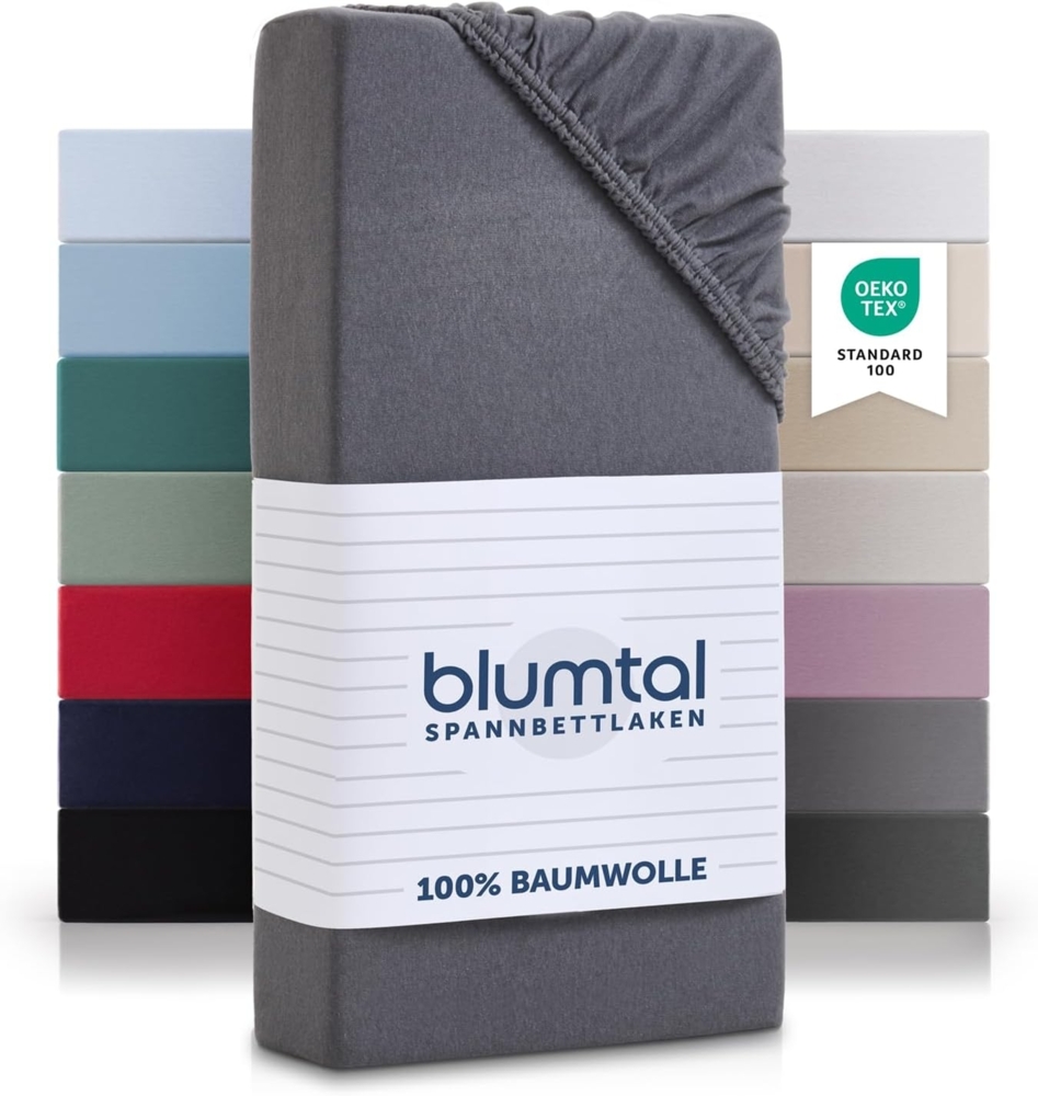 Blumtal® Spannbettlaken für Topper 100x200 cm Basics Jersey - Bettlaken 100x200 cm aus 100% Baumwolle - Oeko-TEX zertifiziertes Spannbetttuch 100x200 cm - Topper Spannbettlaken - Betttuch - Grau Bild 1