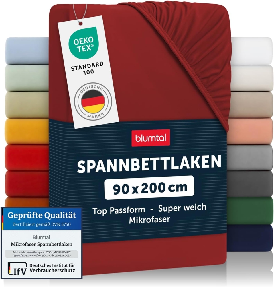 Blumtal® Spannbettlaken 90x200 cm - Spannbettlaken Microfaser - Oekotext zertifizierte Bettlaken 90x200 cm - Spannbetttuch 90x200 cm - Bettbezug 90x200 cm / Leintuch 90x200 cm Laken - Aurora Red - Rot Bild 1
