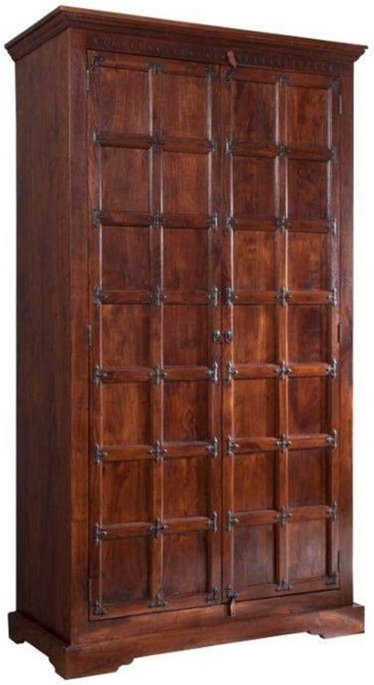 Massivmoebel24 Drehtürenschrank OXFORD (115x60x210 Akazie montiert, Wohnschrank Kleiderschrank aus massiven Akazienholz im Landhausstil mit Verzierungen) hochwertiges Edelholz, authentische Holzadern, aufwendige Schnitzereien und Verzierungen Bild 1