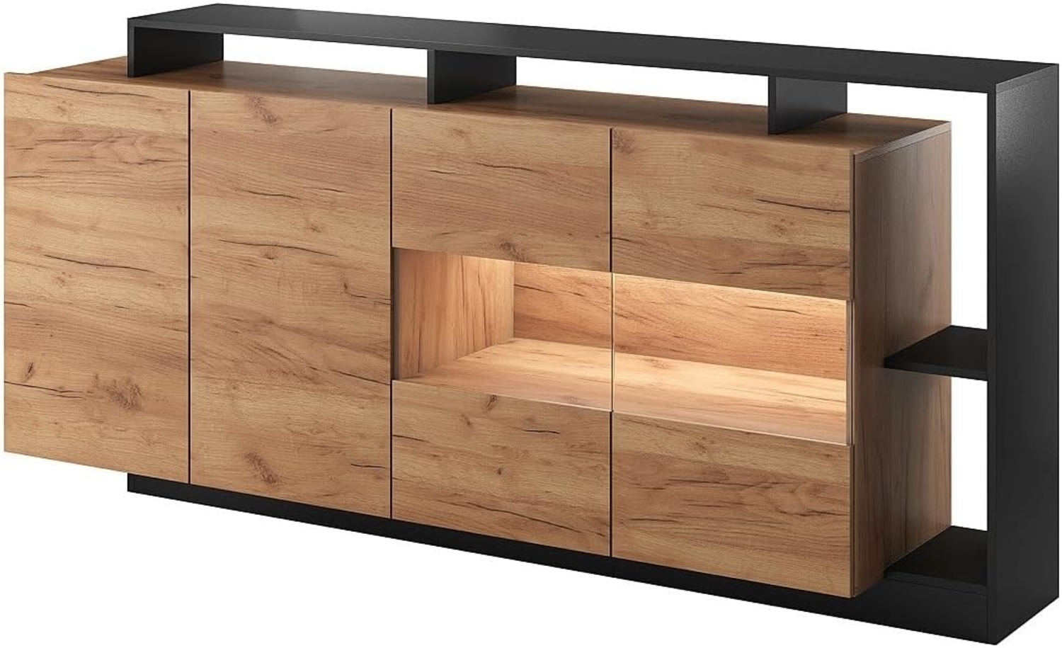 Vente-unique 'IDESIA' Sideboard mit 3 Türen, 3 Ablagen & LED-Beleuchtung, Holzspanplatte anthrazit / naturfarben, 200 x 43,6 x 92,8 cm Bild 1