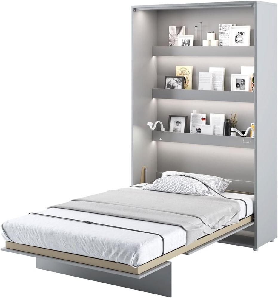 MEBLINI Schrankbett Bed Concept - BC-02 - 120x200cm Vertikal - Grau Matt mit Matratze - Wandbett mit Lattenrost - Klappbett mit Schrank - Wandklappbett - Murphy Bed - Bettschrank Bild 1