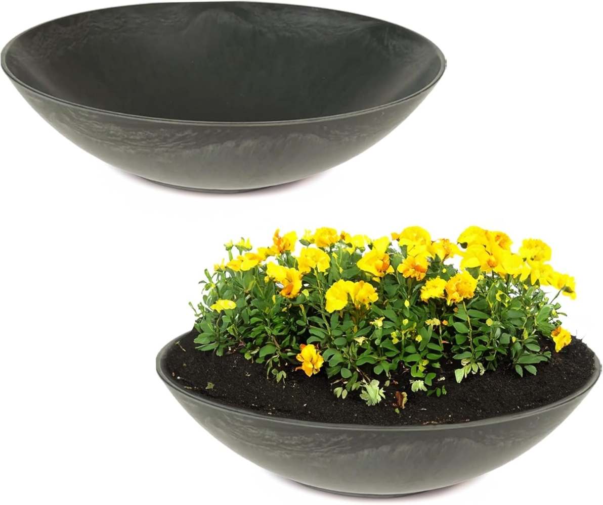 matches21 HOME & HOBBY Blumentopf Flache Pflanzschalen für draussen Dekoschalen rund schwarz 35 cm (2 St), Blumen-Schale als wetterfeste Friedhof-Schale Grab-Schmuck Grabschale Bild 1