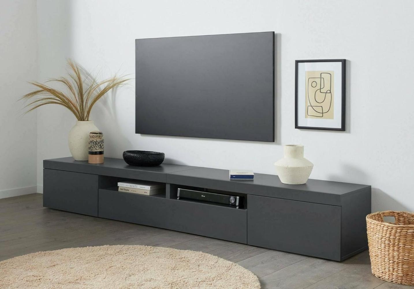 Dmora Schrank Ulisse, Lowboard für Wohnzimmer mit 3 Türen, TV-Ständer, 240 x 40 x 35 cm, Anthrazit, Länge 240 cm Bild 1