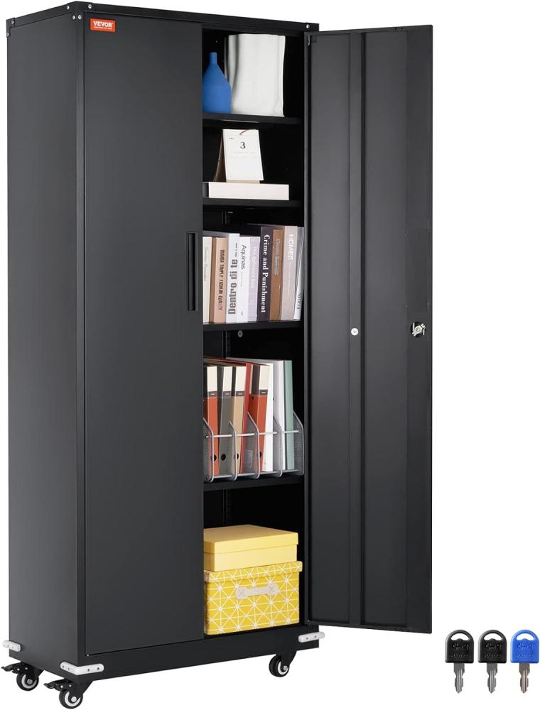 VEVOR 5-Stockiger Aktenschrank Beistellcontainer mit 2 Magnetischen Türen, 90,72 kg Belastbar pro Regal, Abschließbarer Lagerschrank, Rollbarer Metallschrank Bürokommode, für Büro, Garage, Zuhause Bild 1