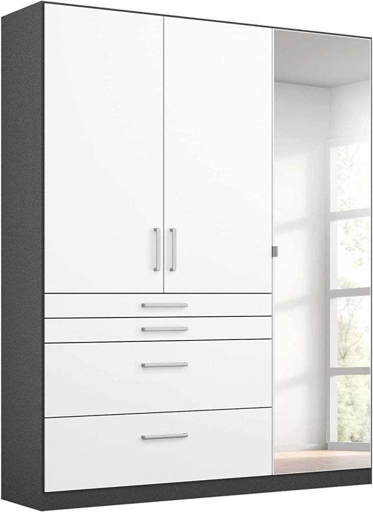 Rauch Möbel Harburg Schrank Kleiderschrank Drehtürenschrank Weiß/Graumetallic 3-türig mit Spiegel und 4 Schubladen inklusive Zubehörpaket Basic 3 Einlegeböden, 1 Kleiderstange BxHxT 136x197x54 cm Bild 1