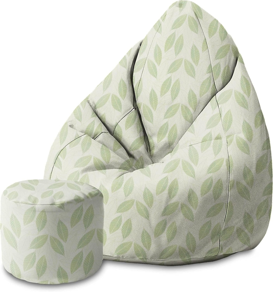 DreamRoots Bean Bag 80 x 80 x 120 cm - Sitzsack mit Lehne und Hocker und Bezug - mit Füllung, Light Green Leaves Bild 1