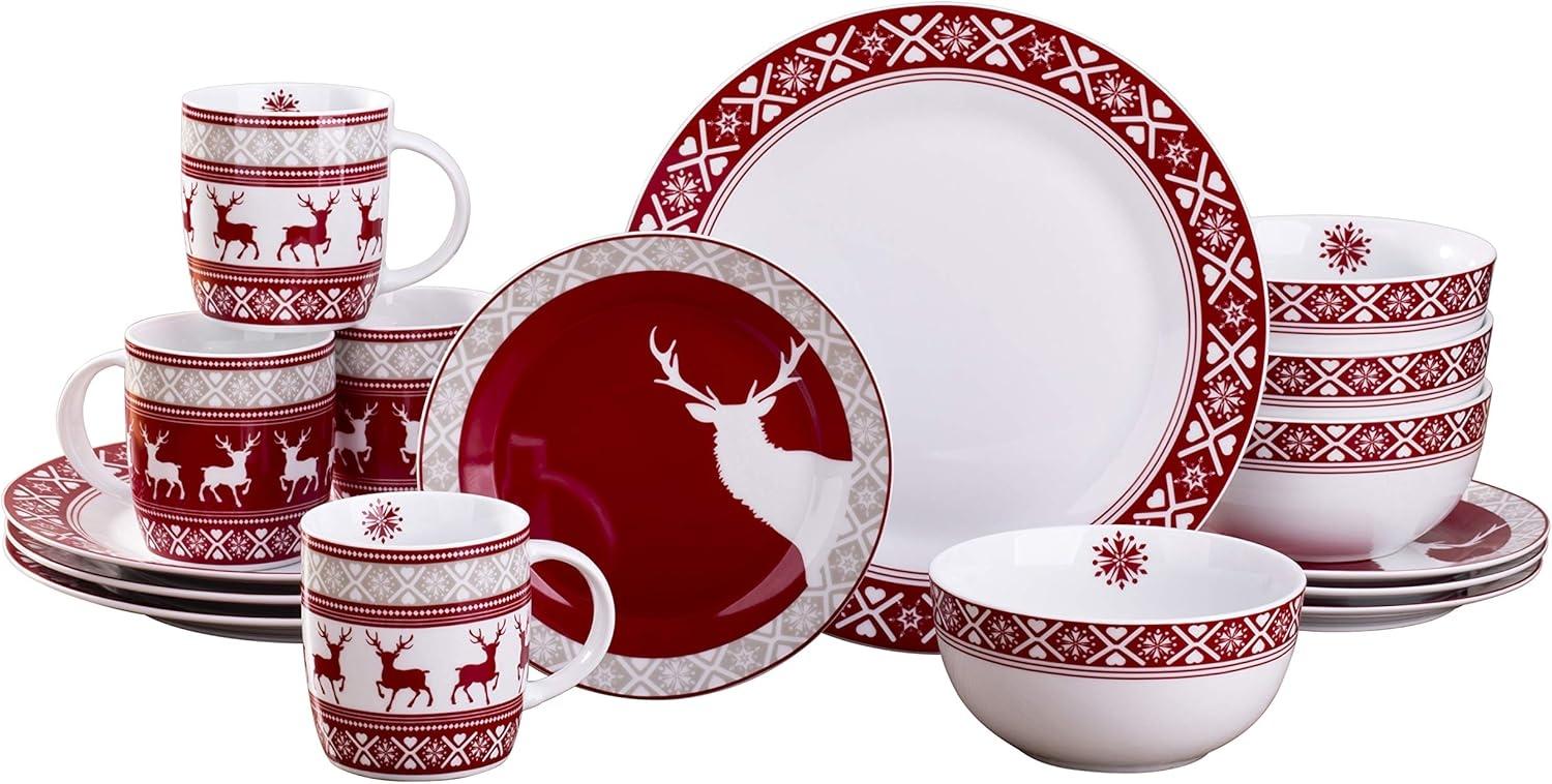 Waterside 000005740 Kombiservice Nordic Reindeer für 4 Personen, Porzellan, rund, rot/weiß (1 Set, 16-teilig) Bild 1