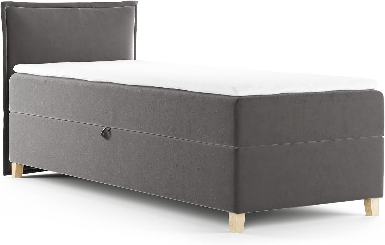 Boxspringbett Fren Mini mit Bettkasten - Einzelbett mit Bonell-Matratze und Topper, Polsterbett mit Holzfüße, Bett, Kinderzimmer (Dunkelgrau (Kronos 22), 90x200 cm) Bild 1