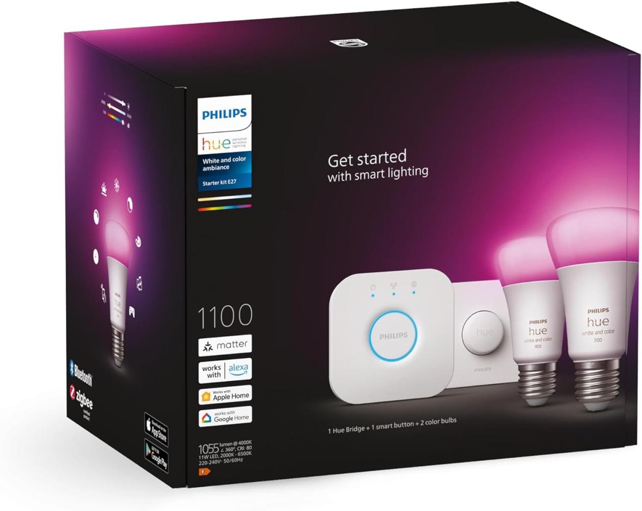 Philips Hue White & Color Ambiance Starter Set mit E27 Lampen 2-er Pack (1100), Smart Button + Hue Bridge, TESTSIEGER Stiftung Warentest (01/2024), 16 Mio. Farben per Sprache und App steuerbar Bild 1