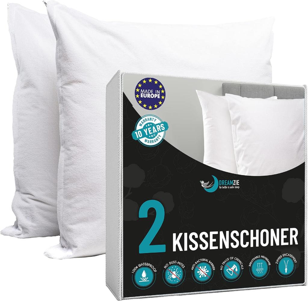 Dreamzie - Kissenbezug Wasserdichter 50 x 75 cm - 100% Baumwolle Stoff - Oeko TexÆ Zertifiziert - 2 St¸ck Kissenschoner mit Reiﬂverschluss - Atmungsaktiv, Hypoallergen, Anti-Milben, Antibakteriell Bild 1