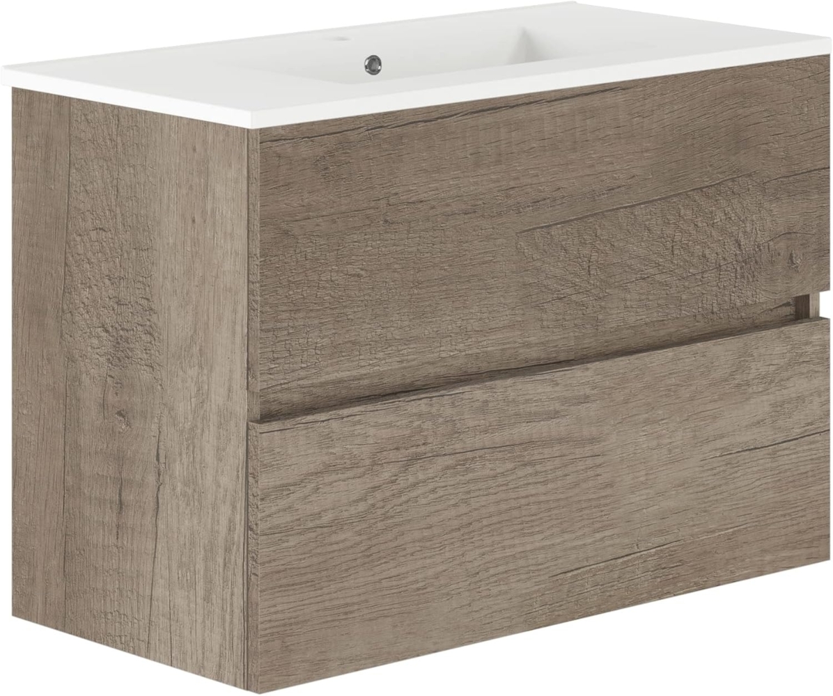 Baikal, Natura Badezimmerschrank mit reduziertem Boden, mit Keramikwaschbecken, Aufteilung Zwei Schubladen, Zwei Schubladen, ohne Spiegel, Boden 39 cm, 90 cm, Nebraska Bild 1