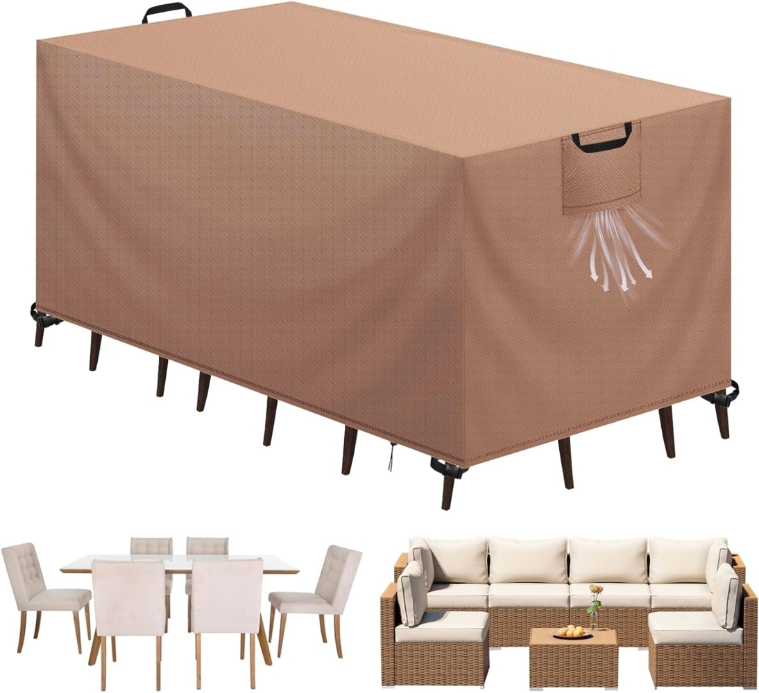 Aujink Abdeckung Gartenmöbel Winterfest, Wasserdichte Schutzhülle Gartenmöbel 420D Oxford Anti-UV Abdeckplane für Gartentische Terrassenmöbel Regenschutz und Staubfest Abdeckhaube Khaki 125 x 63 x 74 cm Bild 1