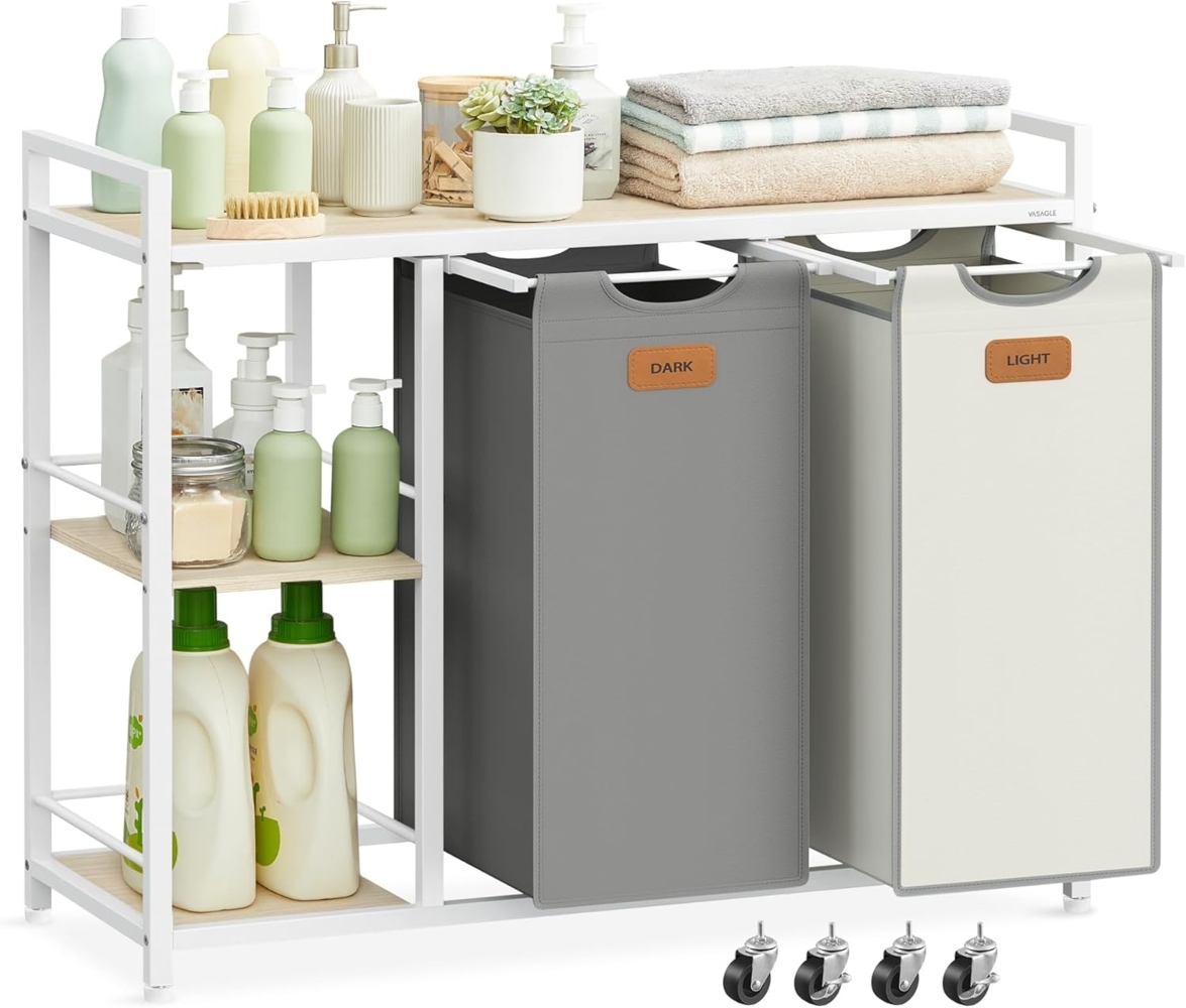 VASAGLE Wäschekorb 2 Fächer, Wäschesammler 100 L, Wäschesortierer, Rollen, Wäschewagen mit Ablagen, Wäschesack, mit abnehmbaren Taschen, 6 Etiketten, naturbeige-taubengrau-cremeweiß Bild 1