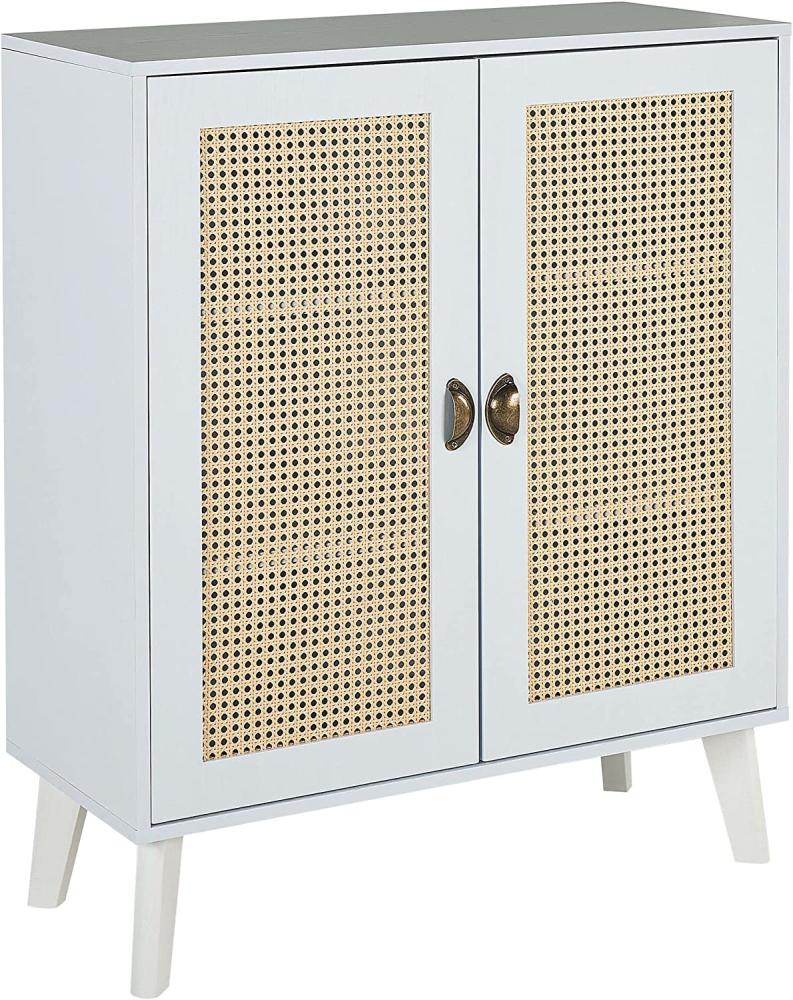 Sideboard mit 3 Fächern und zwei Rattan Türen, 34 x 80 x 100 cm, Weiß Bild 1