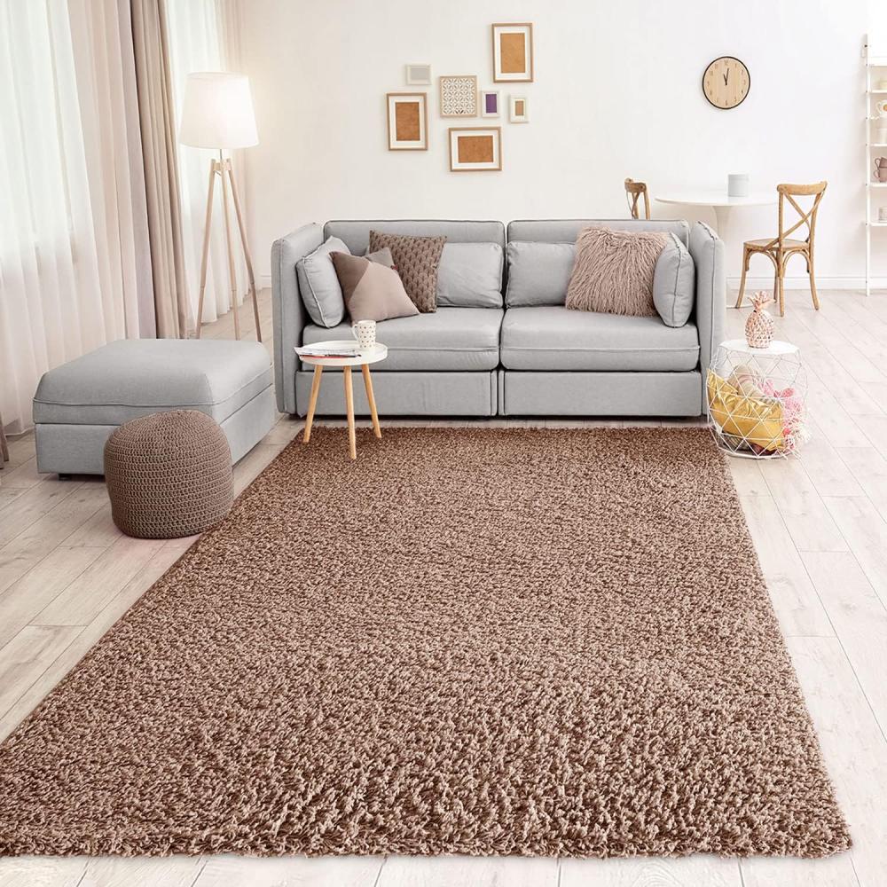 VIMODA Prime Shaggy Teppich Hochflor Langflor Teppiche Modern Einfarbig Nougat Hellbraun, Maße:140x200 cm Bild 1