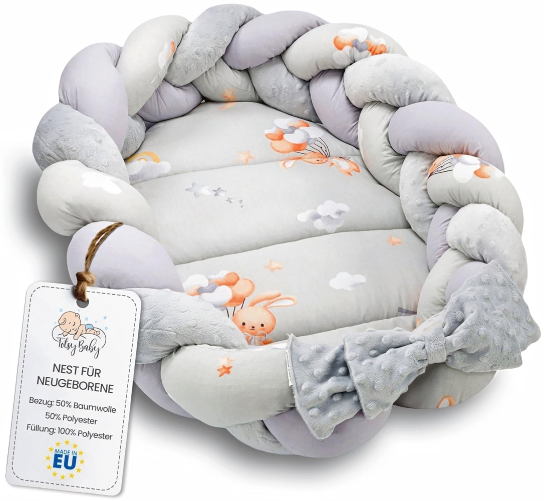 Babynest Neugeborene Nestchen Baby 75x45 cm – Plüschstoff Kuschelnest mit Zopf Kissen zerlegbares Set zweiseitig Babynestchen Babybett Kaninchen Bild 1