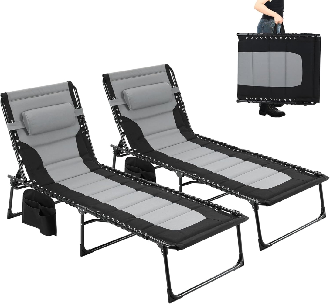Clevich XXL Liegestuhl klappbar 2er Set, 199×66 cm Übergroße Sonnenliege mit 5-Fach Verstellbarer Rückenlehne, Gartenliege mit Kopfkissen & Seitentasche, Campingliege bis 150 kg für Strand, Pool Bild 1