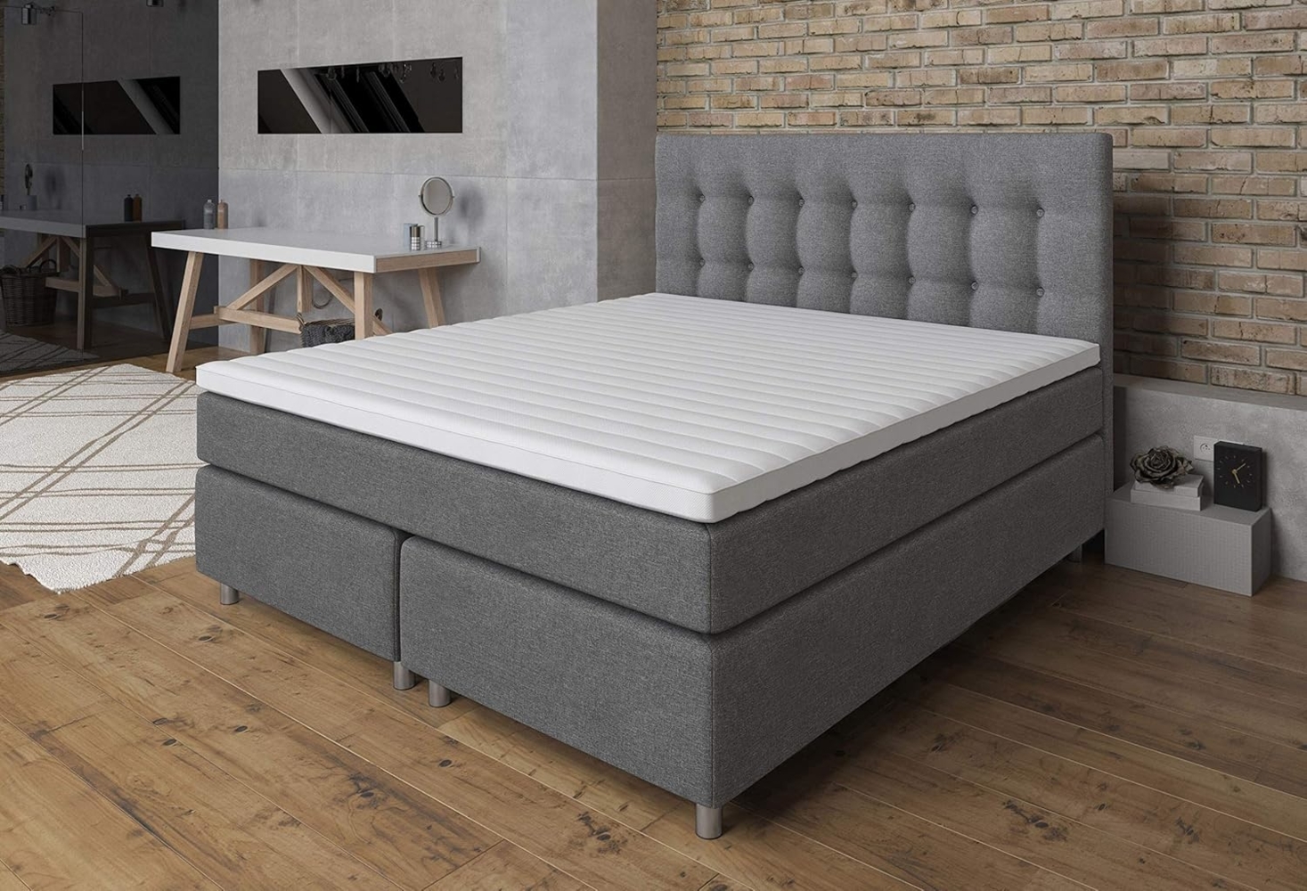 Tesla Dreams Boxspringbett 200x200 Ronda, 7 Zonen Taschenfederkern-Matratze H2/H3, Topper Latex, Unterbau Taschenfederkern, Grau Bild 1