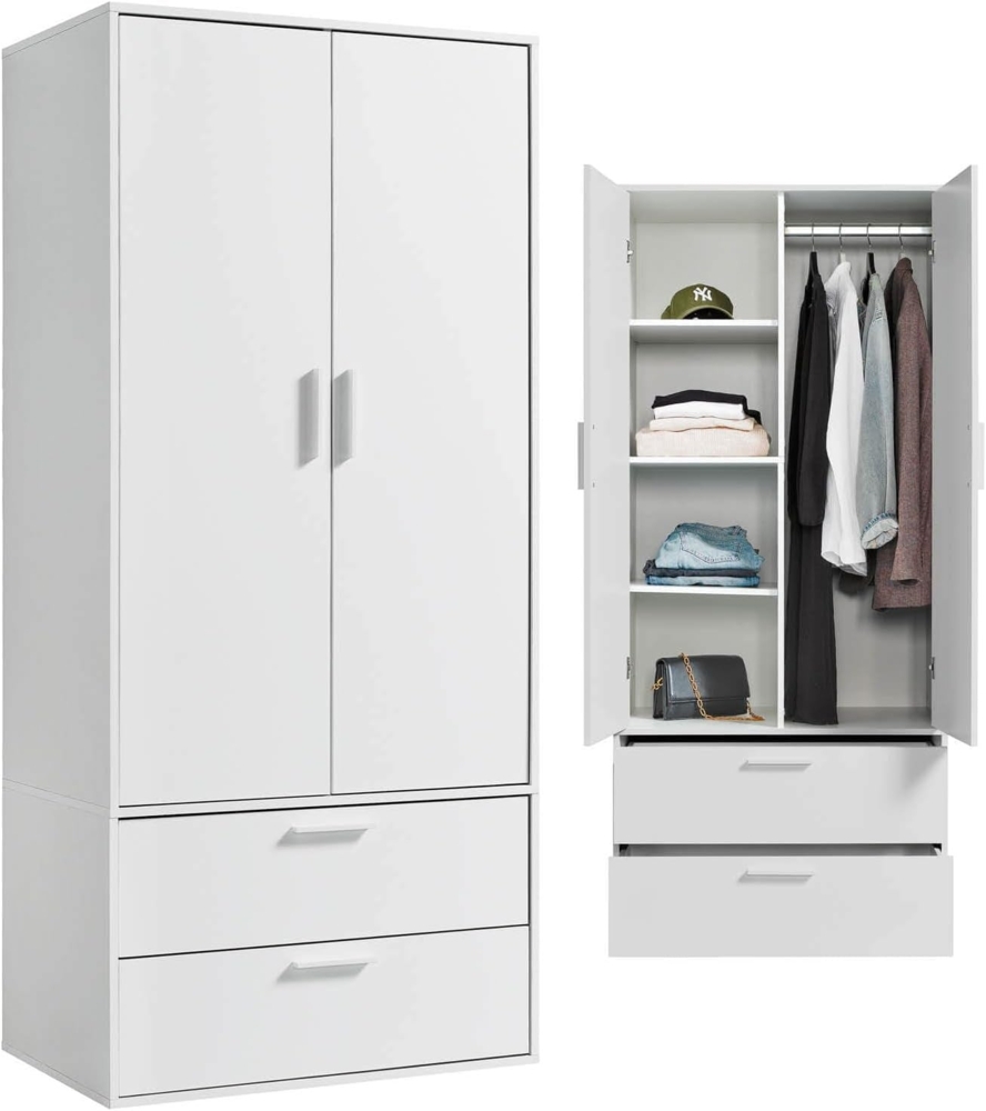 mokebo Kleiderschrank Der Kleiderheld (80x180x51 cm, 2-türig, 2 Schubladen & 4 Fächer) Garderobenschrank, Schlafzimmerschrank oder Schrank in Weiß Bild 1