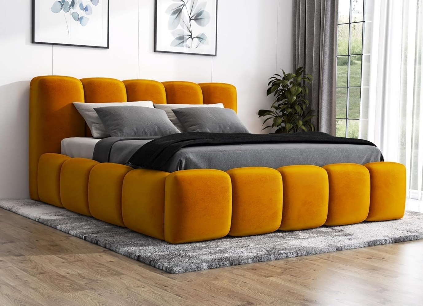 A&J MöbelLand 'Sonic' Polsterbett, Polyester, Senf, 90 x 200, mit Matratze, mit Lattenrost, mit Bettkasten Bild 1