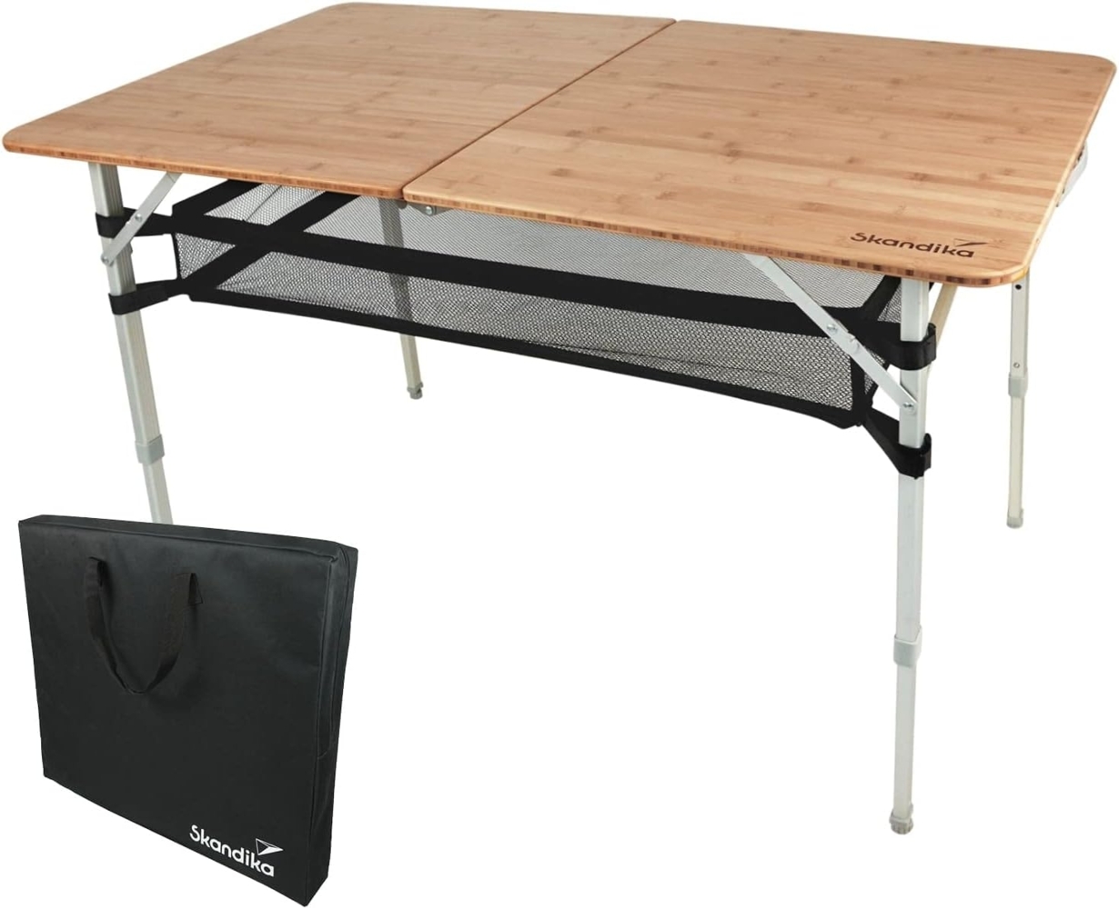 Skandika Campingtisch Tolja Bambus Falttisch (120x70 cm), 3-Fach höhenverstellbar, mit Netzablage, wetterfest, UV-beständig, Klapptisch für Garten,Balkon Bild 1