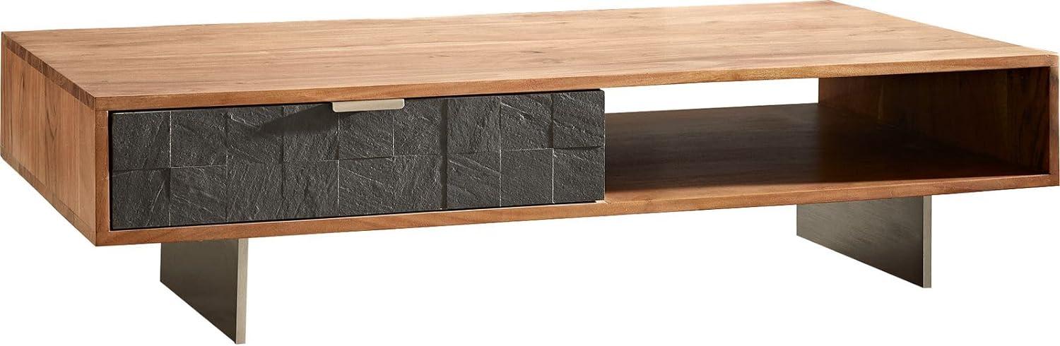 Couchtisch Teele 115x60 cm Akazie Natur Schiefer 2 Schubfächer Fuß schwebend Edelstahl Bild 1