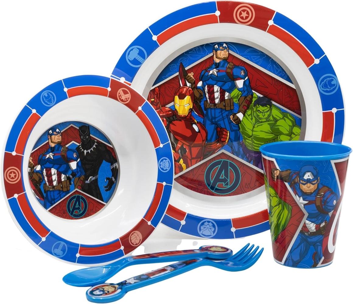 Kunststoff Kindergeschirr Set Motiv (5 tlg.) Schüssel, Teller, Becher & Besteck MARVEL Avengers Bild 1