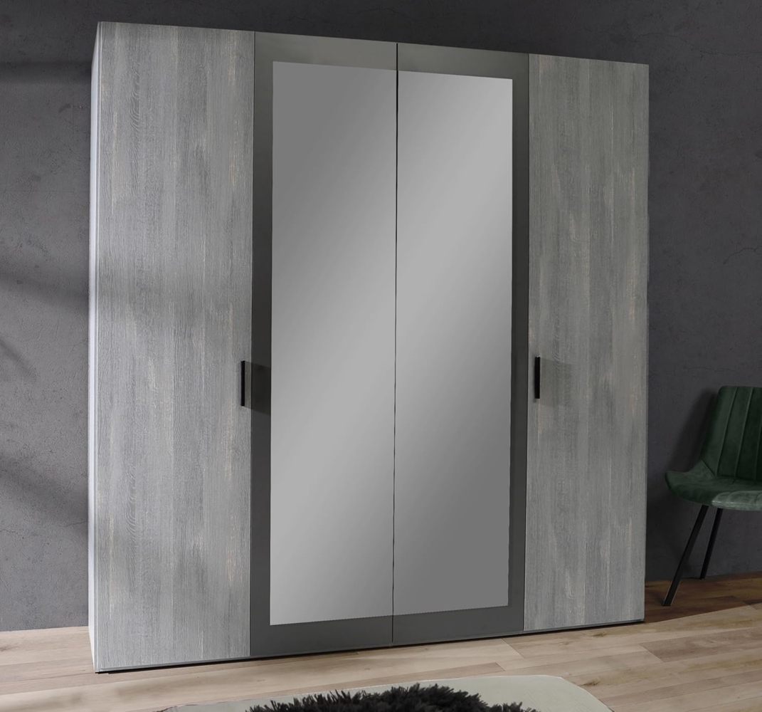 FORTE Leonard Schrank 200, Kleiderschrank, Drehtürenschrank, 4-türig mit Einlegeböden und Kleiderstange, Nordisch Eiche Grau/Grau Matt, 200 cm breit x 210.5 cm hoch x 54.5 cm tief Bild 1
