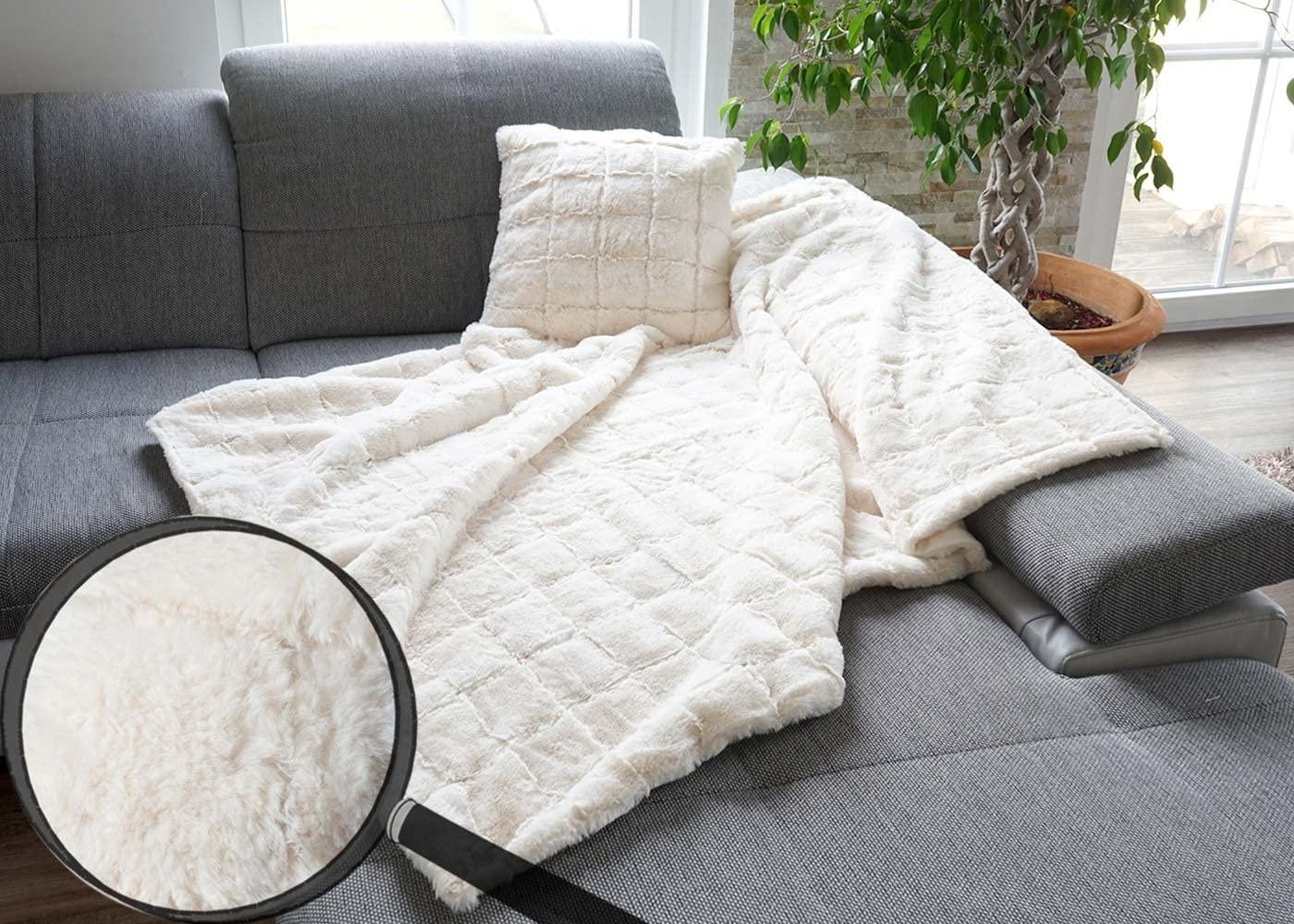 Set Wohndecke + Deko-Kissen Karo, Kuscheldecke Sofadecke Zierkissen+Füllung, flauschig Fellimitat Bild 1