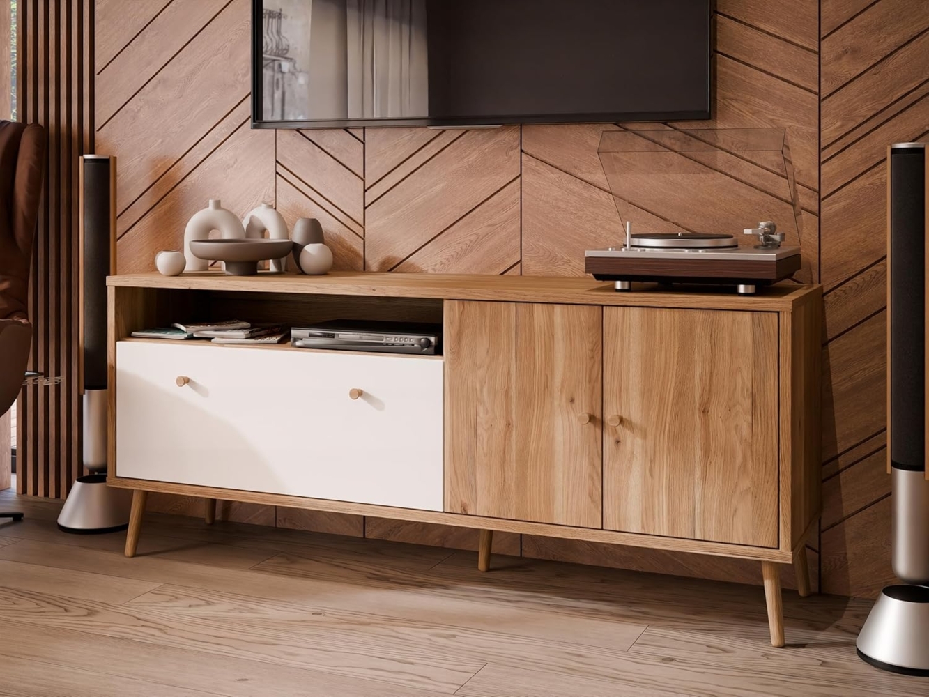 Forte Harllson, einfache Montage Dank EasyKlix TV Schrank, Holzdekor: Mauvella Eiche mit Weiß, TV Tisch mit 2 Türen, Mid Century Stil, 160 cm breit x 67 cm hoch x 41 cm tief Bild 1