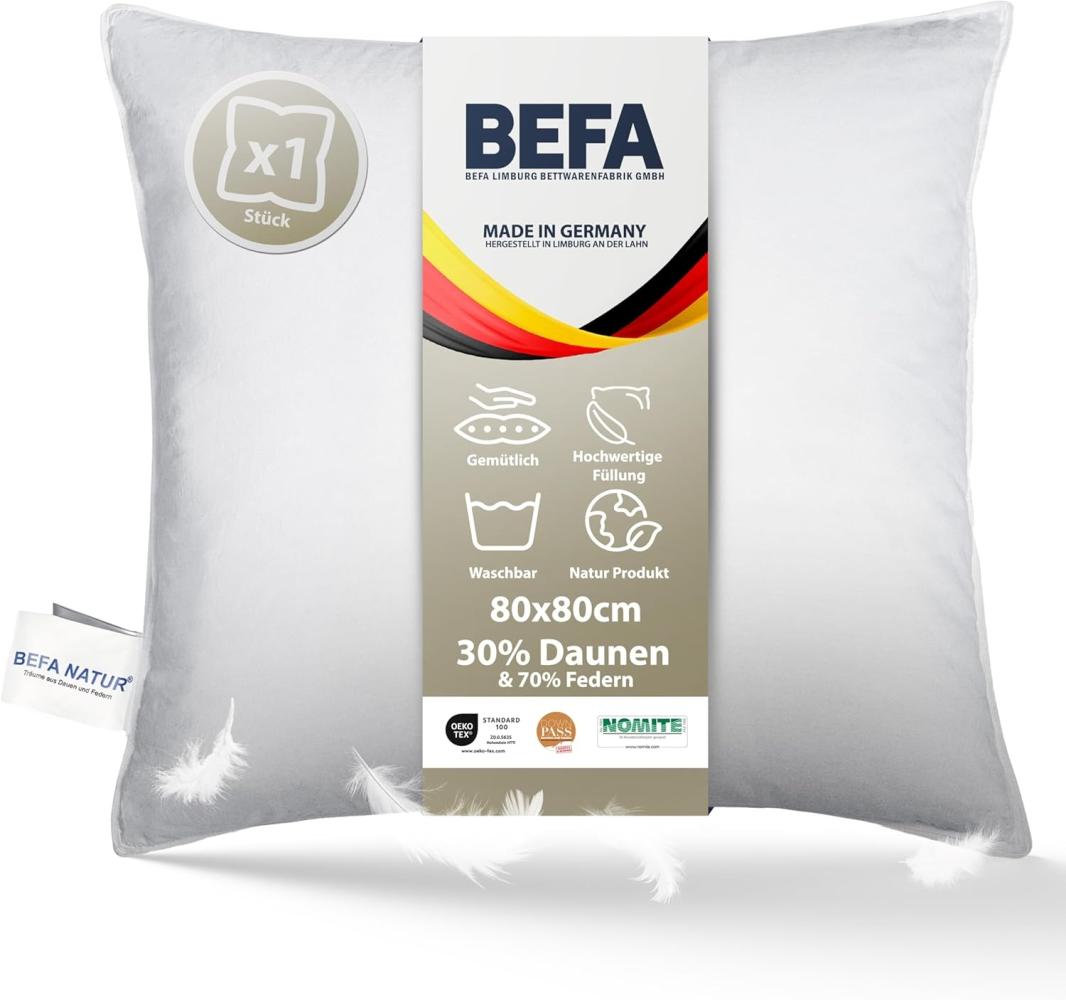 Made in Germany BEFA Natur Kopfkissen 80x80 cm mit 30% Daunen & 70% Federn Klasse 1, weiß, Füllgewicht: 1100g. Allergiker geeignet (nomite), Downpass Bild 1