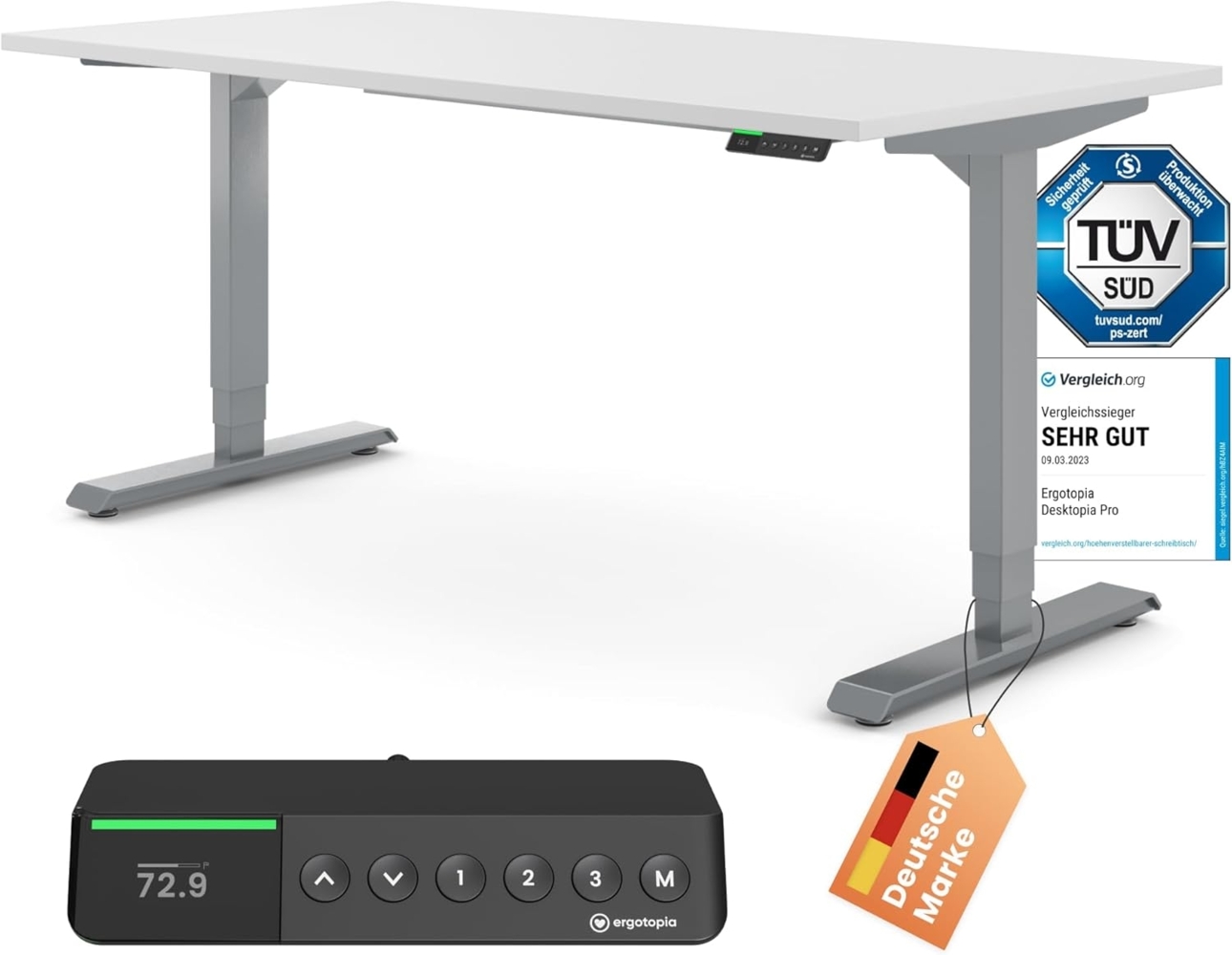 Desktopia Pro X - Elektrisch höhenverstellbarer Schreibtisch / Ergonomischer Tisch mit Memory-Funktion, Weiß, Gestell Grau, 180x80 cm Bild 1