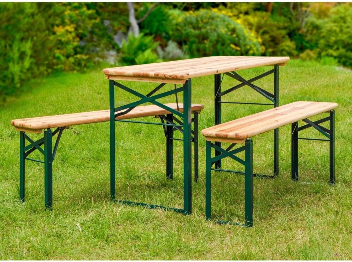 Bierzeltgarnitur, 3-teilig, Tannenholz natur / Stahl grün, 109,5 x 49,5 x 70 cm Bild 1