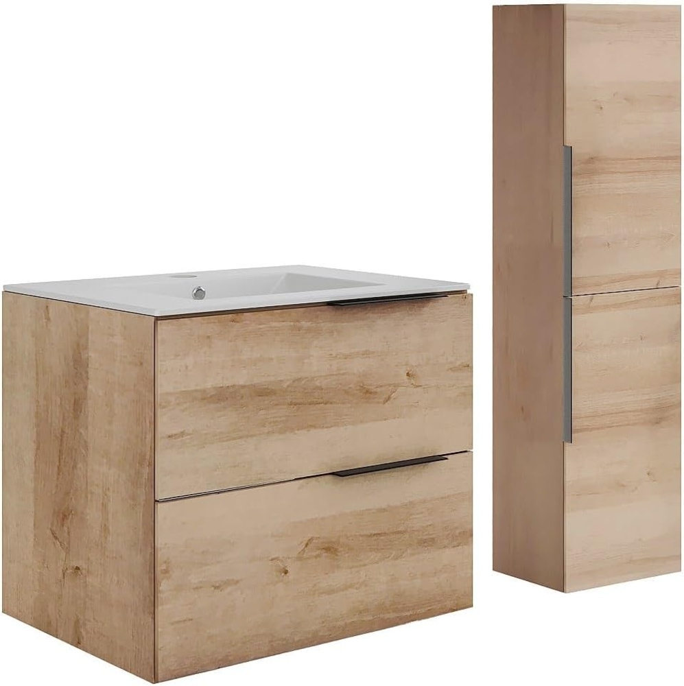 Vente-unique - Hängender Badezimmerunterschrank mit Einbauwaschbecken und Hochschrank - Heller Naturton - 60 cm - NISAYA Bild 1