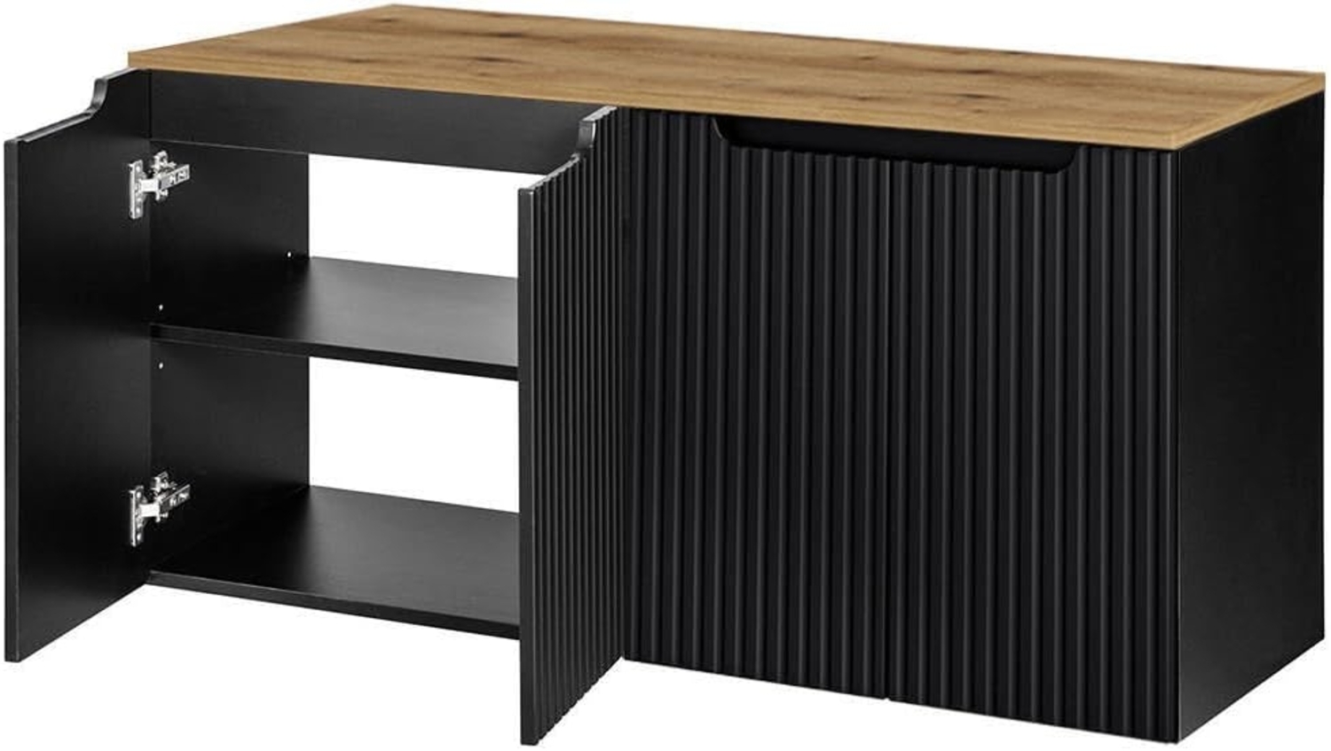 Waschbeckenunterschrank Skelbolu mit 4 Türen 120x60x40cm Schwarz/Eichenoptik [en. casa] Bild 1