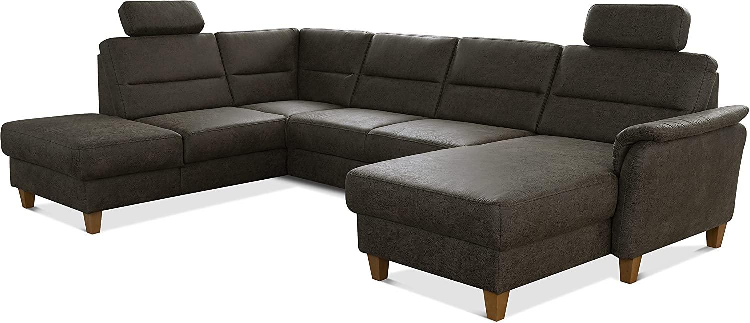 CAVADORE U-Form-Sofa Palera / Federkern-Wohnlandschaft mit Schlaffunktion, Stauraum und 2 Kopfstützen / 314 x 89 x 212 / Mikrofaser in Lederoptik, Oliv Bild 1