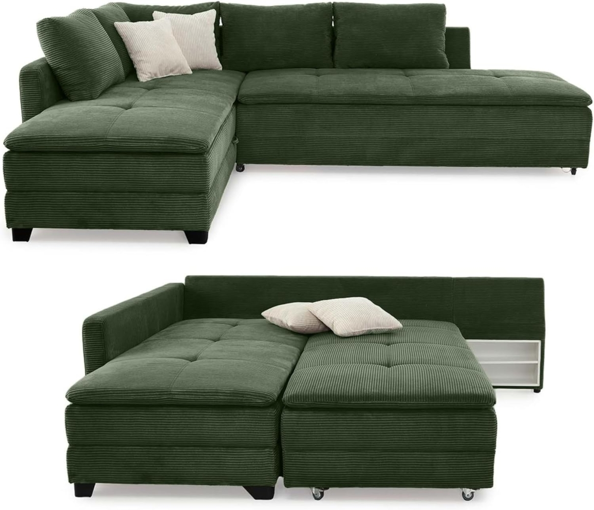 luma-home Ecksofa 15164, Dauerschläfer-Doppelbett 306x223 cm, Schwenkteil L/R, Bettkasten, Nachtkonsole, Boxspring, Federkern, Wellenunterfederung, Topper, Bezug Cord Grün Bild 1