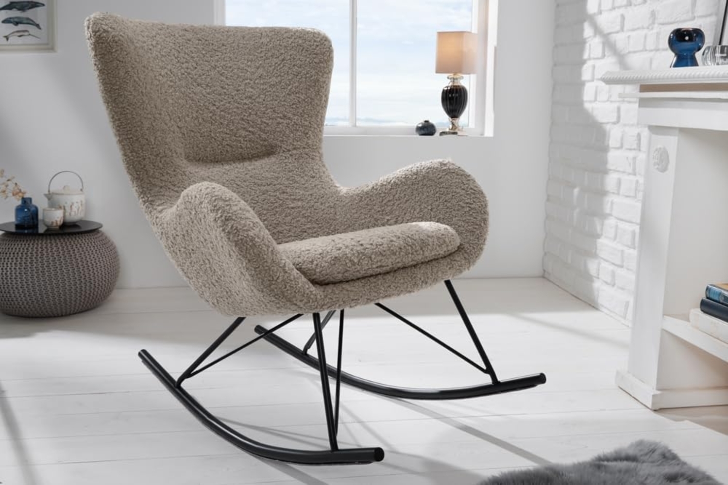 riess-ambiente Schaukelstuhl SCANDINAVIA SWING champagner greige / schwarz (Einzelartikel, 1 St), Wohnzimmer · Bouclé · Metall · mit Armlehne · wippbar · Modern Design Bild 1