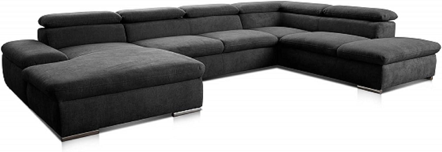 Cavadore Wohnlandschaft Alkatraz im modernen Design / U-Form mit Longchair links und Ottomane rechts / Inkl. Kopfteilverstellung / 350 x 73 x 226 / Schwarz Bild 1