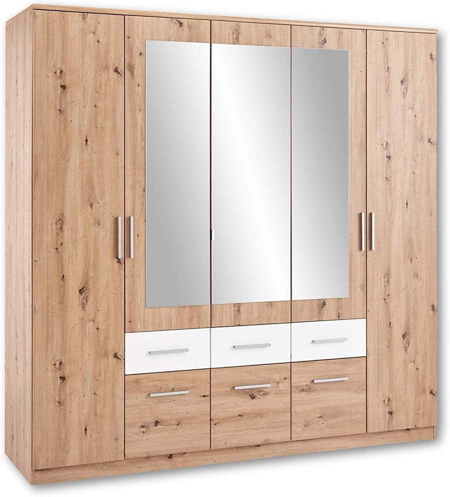 Stella Trading FLORIDA Eleganter Kleiderschrank mit Spiegel - Vielseitiger Drehtürenschrank mit viel Stauraum in Artisan Eiche Optik, Weiß - 212 x 213 x 60 cm (B/H/T) Bild 1